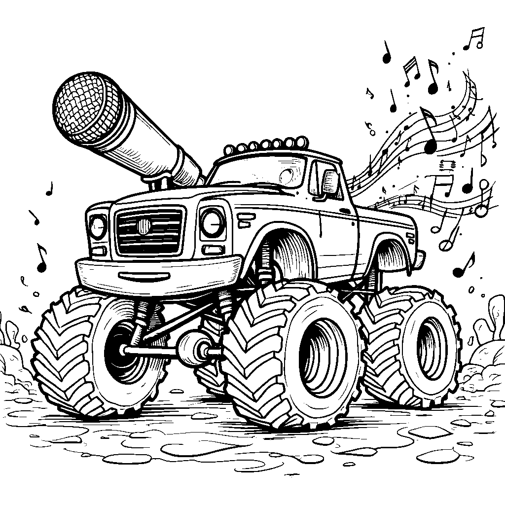 A monster truck with a giant microphone and singing a song