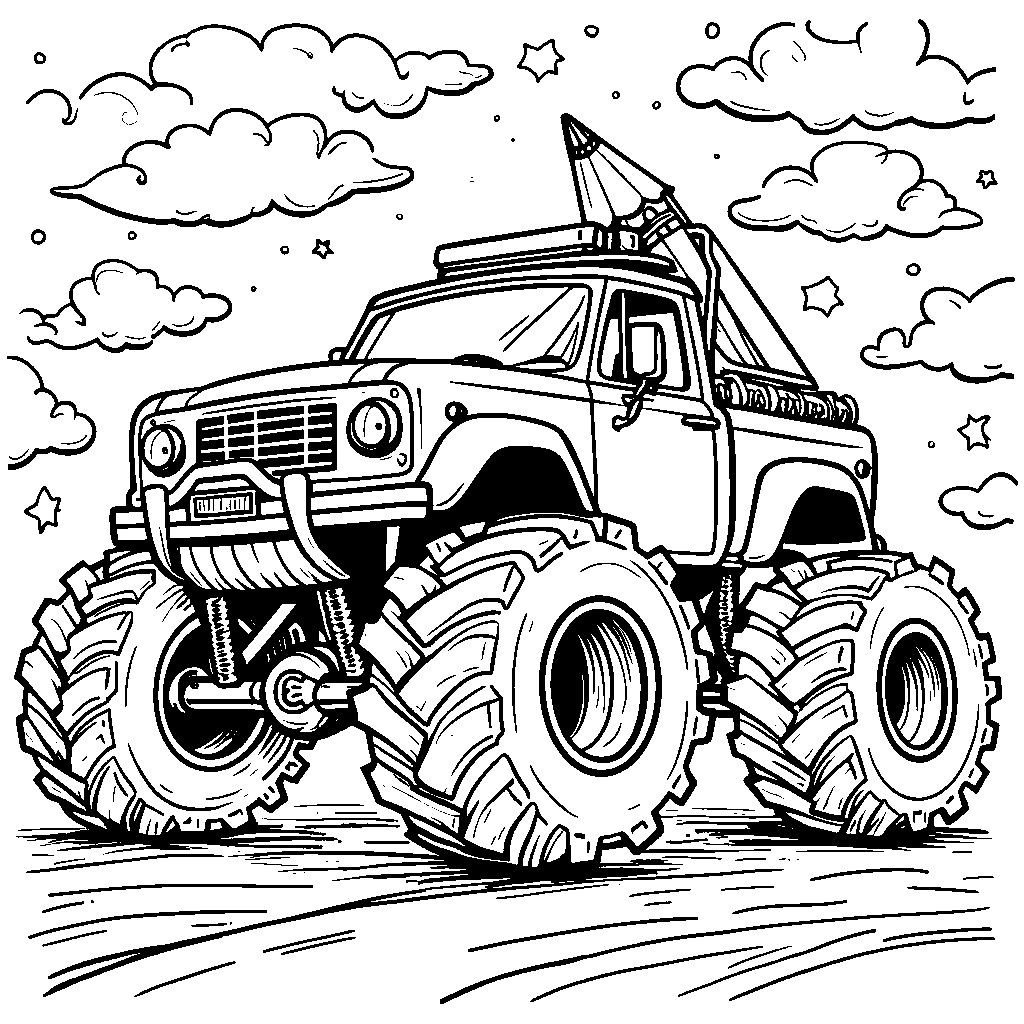 A monster truck with a giant pencil and notebook