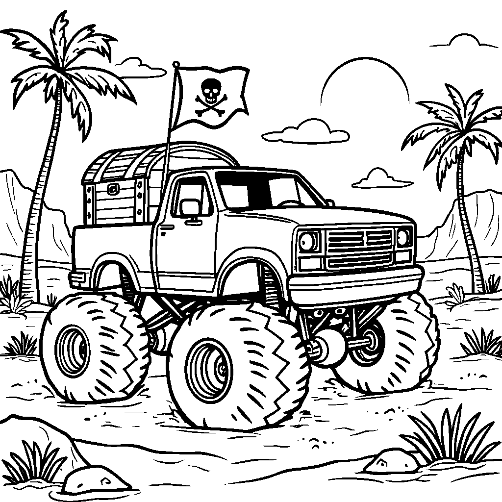 Monster truck with a pirate flag and a treasure chest