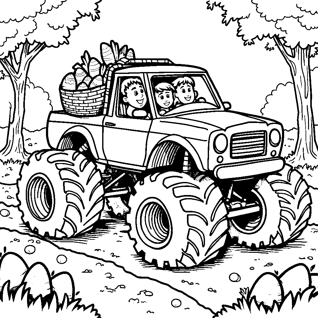 A monster truck with a giant basket collecting Easter eggs