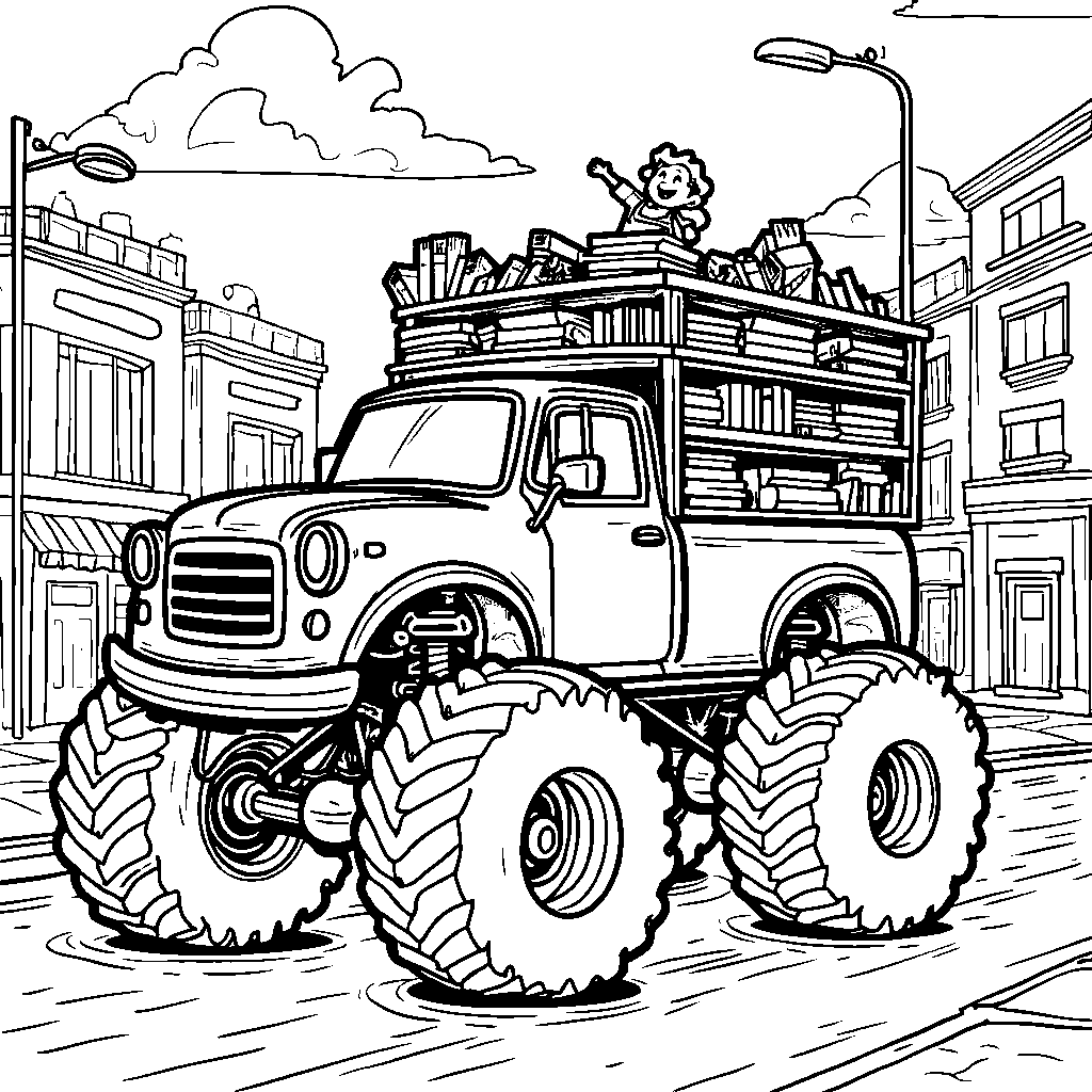 A monster truck with a giant bookshelf and reading books