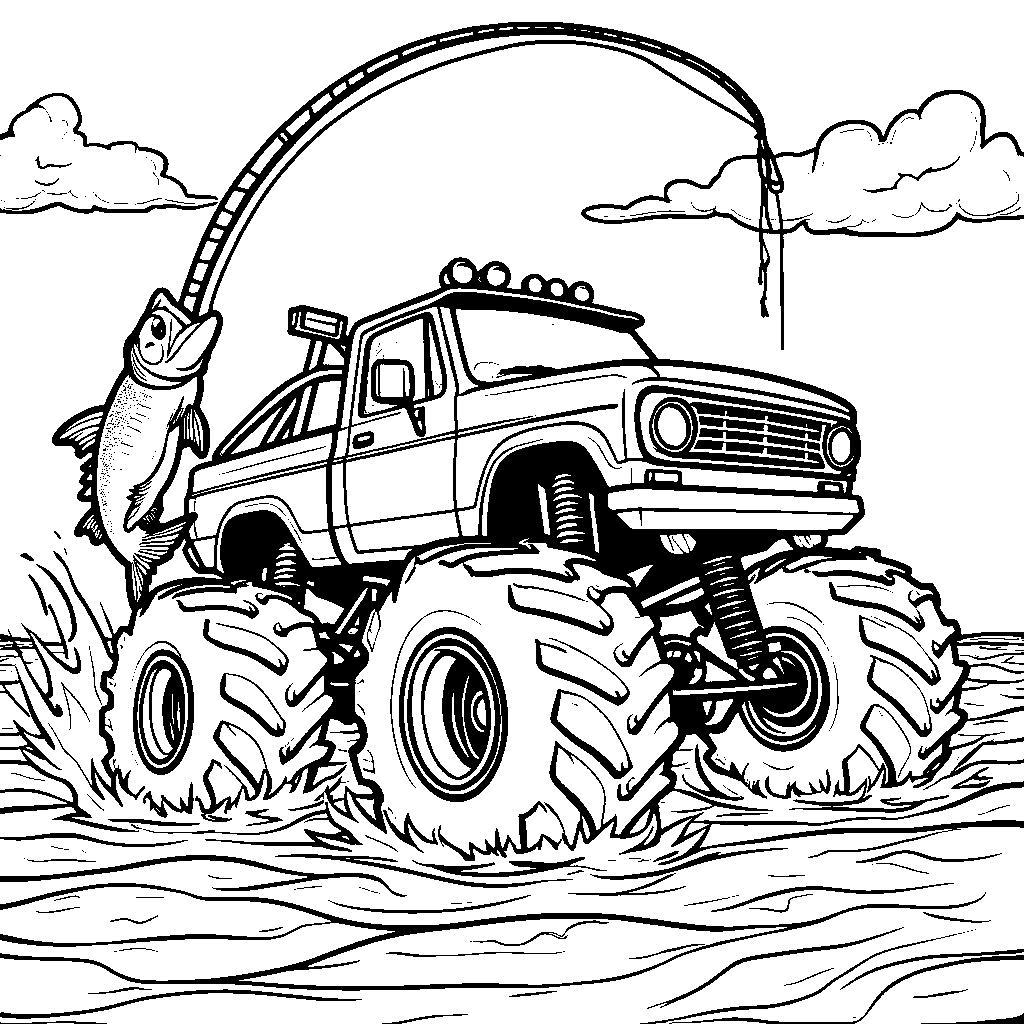 A monster truck with a giant fishing rod and catching a big fish