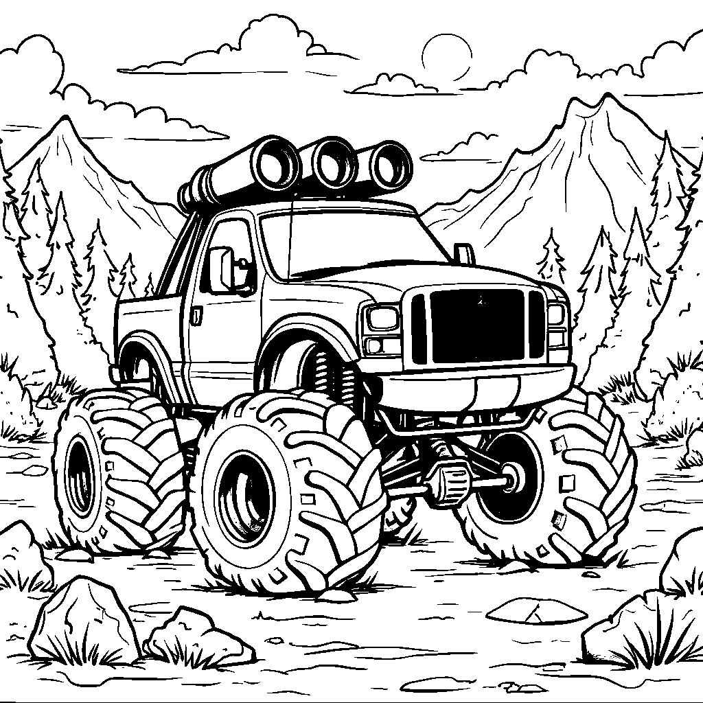 A monster truck with a giant pair of binoculars and exploring