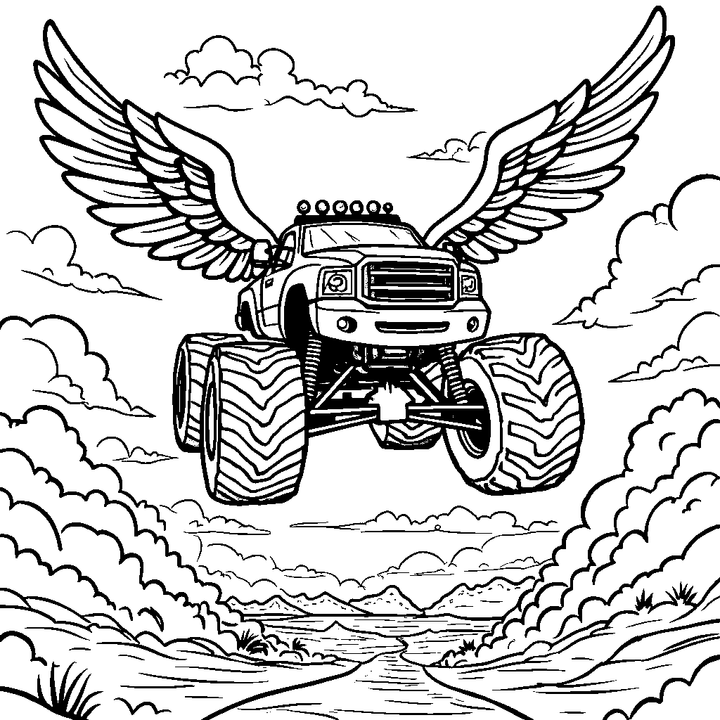 A monster truck with a giant pair of wings and flying high