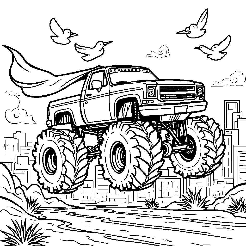 A monster truck with a superhero cape flying through the air