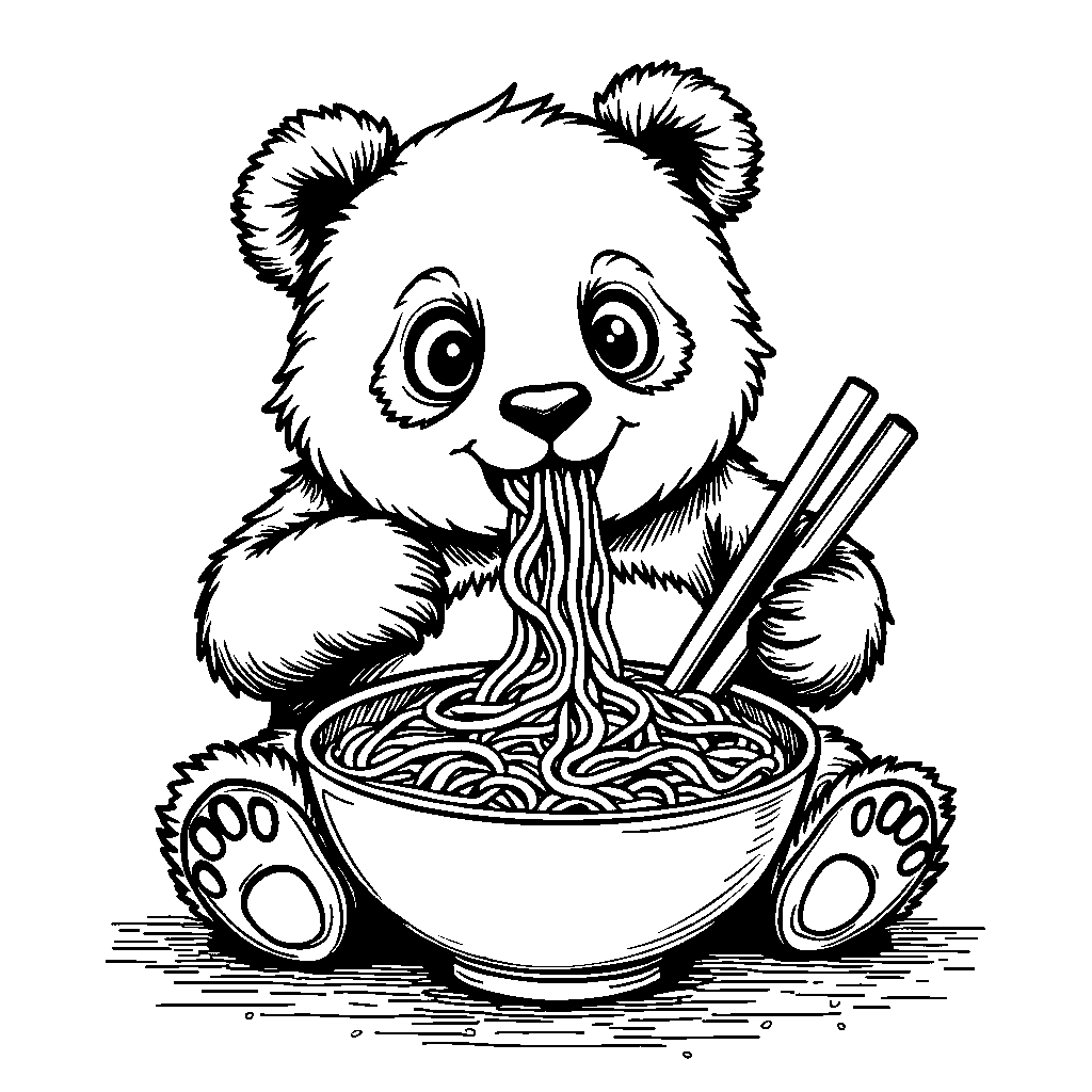 Panda eating a bowl of colorful noodles