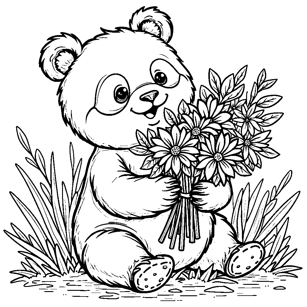 Panda holding a bouquet of flowers