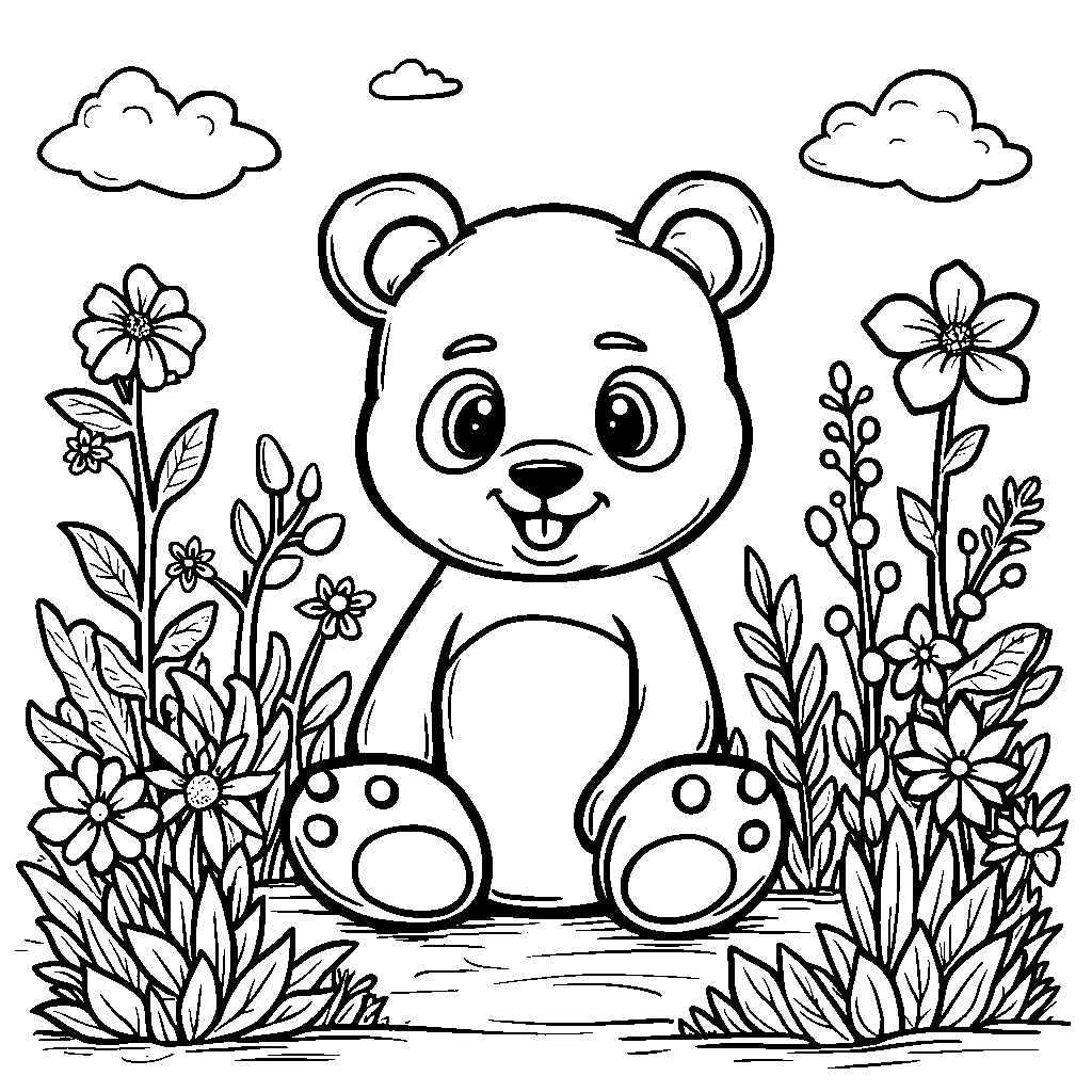 Panda in a garden full of flowers