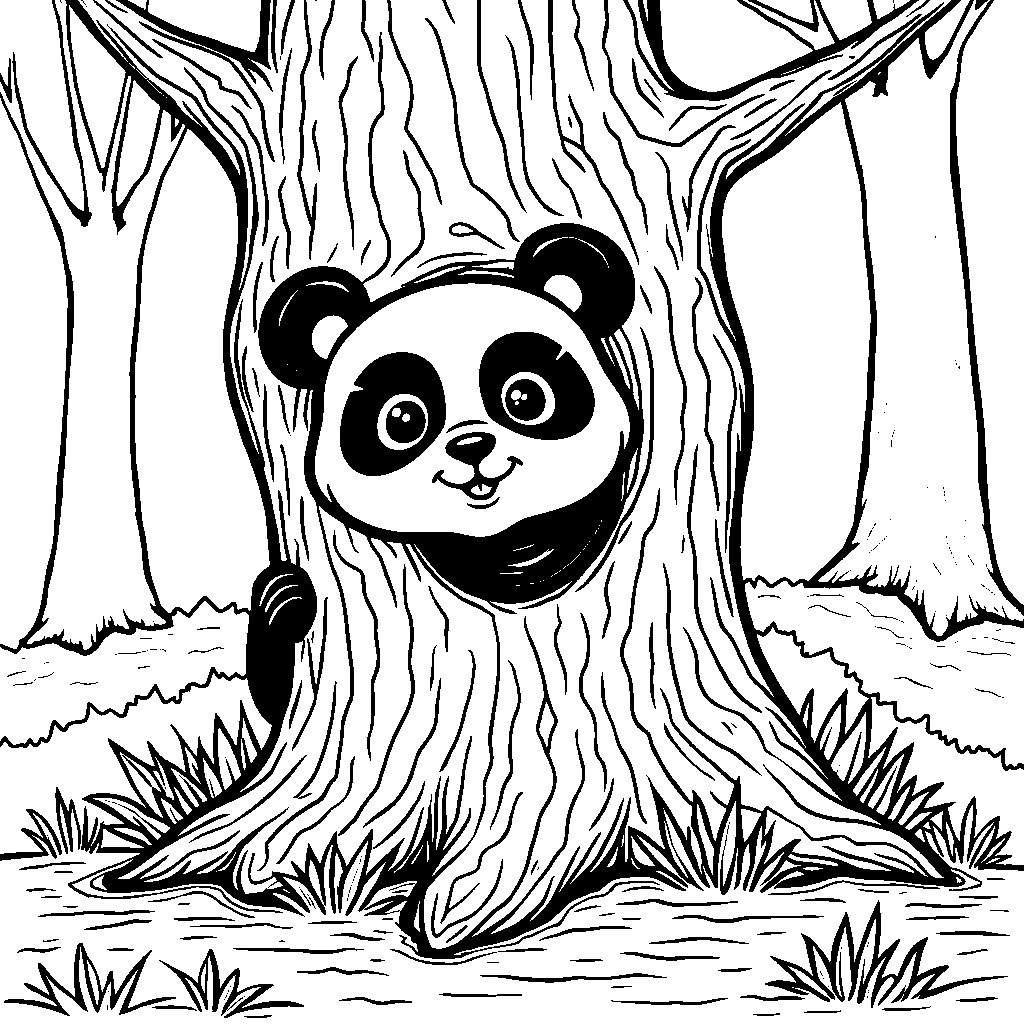 Panda playing hide-and-seek behind a tree