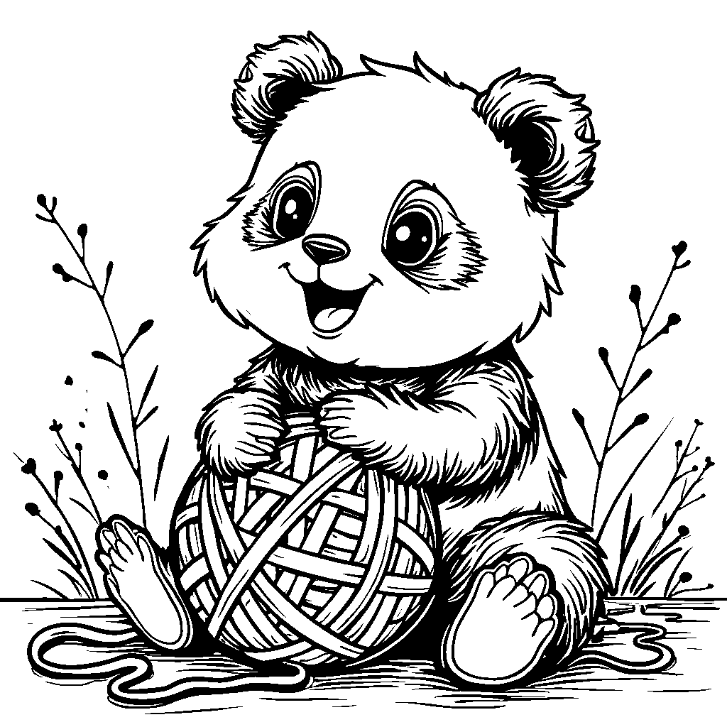 Panda playing with a ball of yarn