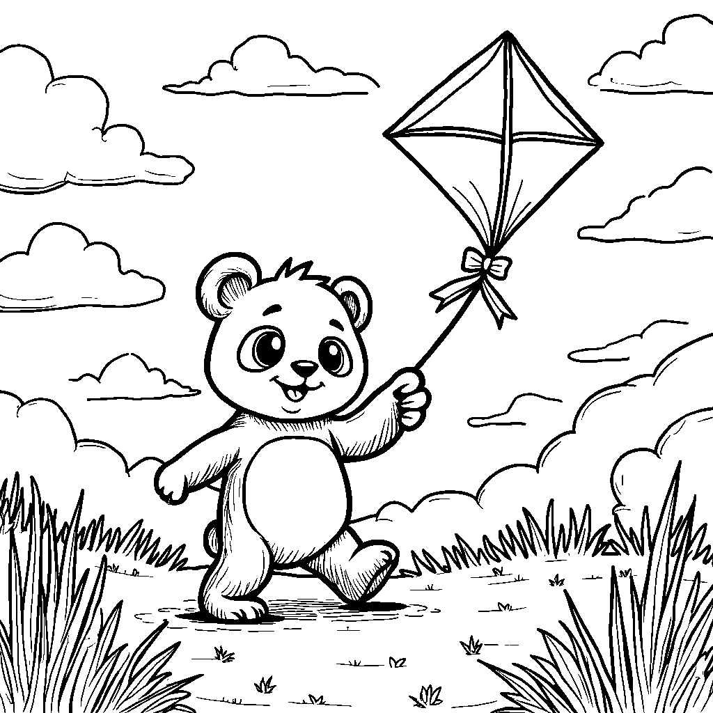 Panda playing with a kite