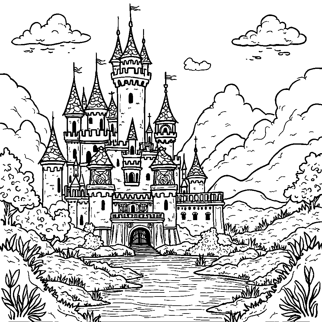 Fantasy castle with towers and a moat