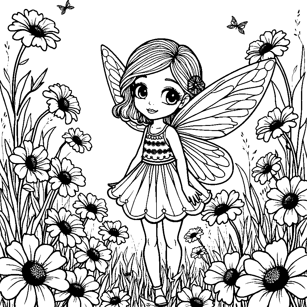 Flower fairy surrounded by blooming flowers