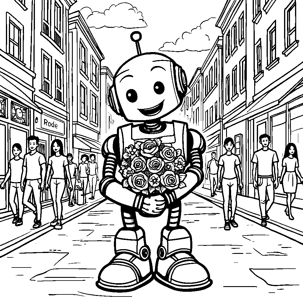 Happy robot holding a bouquet of flowers