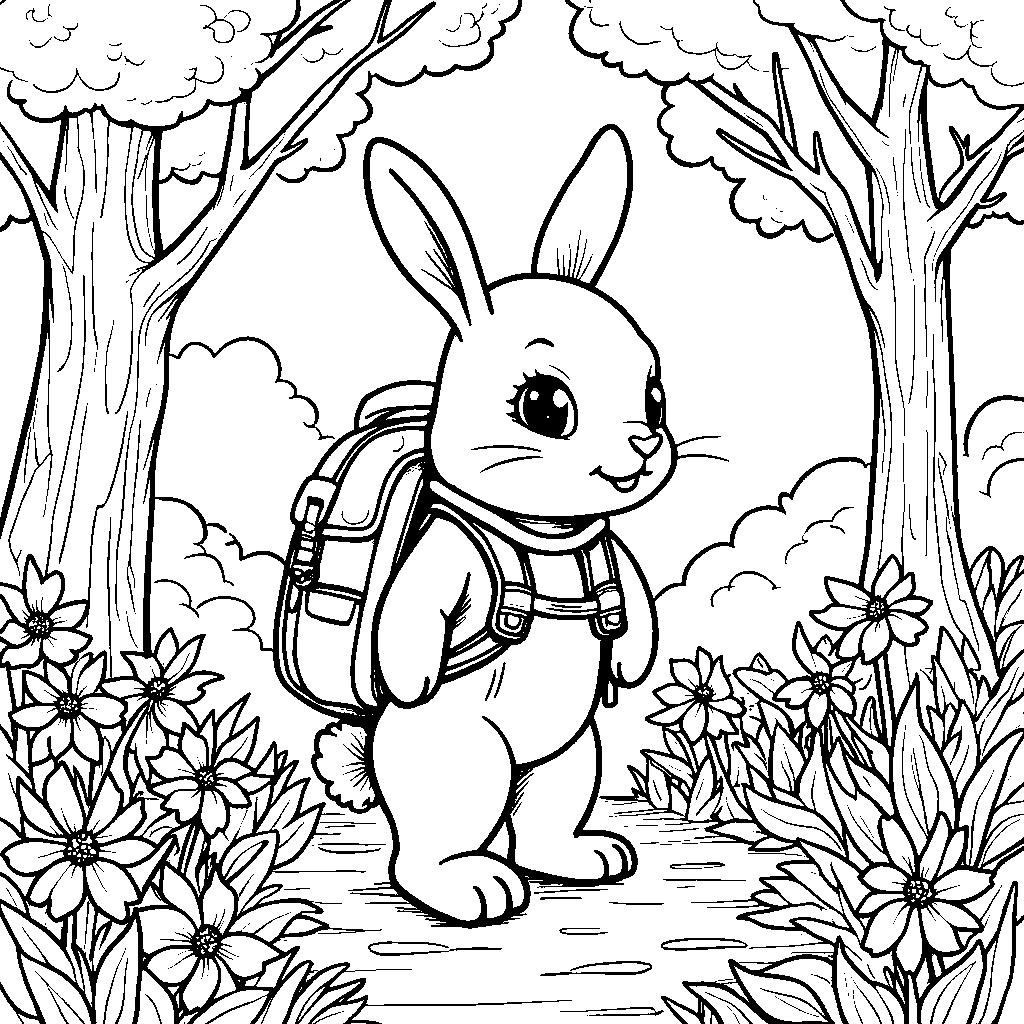 Little rabbit wearing a backpack and hiking