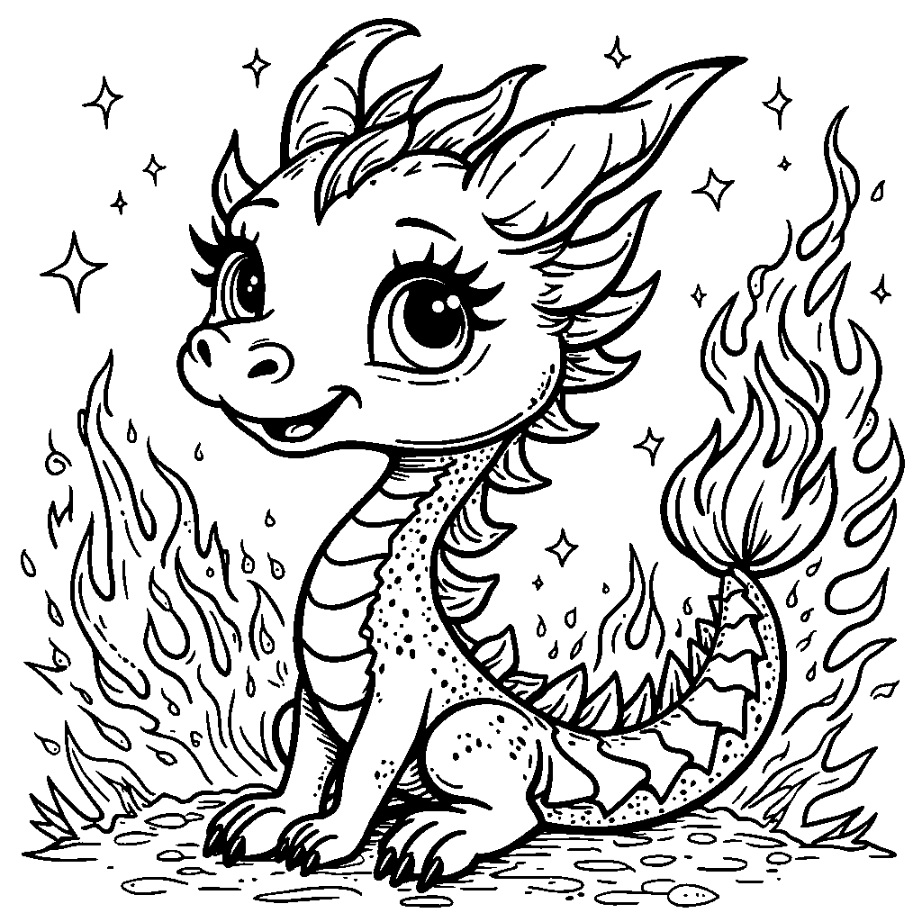 Magical dragon breathing fire and sparkles