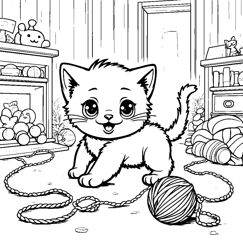 Playful kitten chasing a ball of yarn