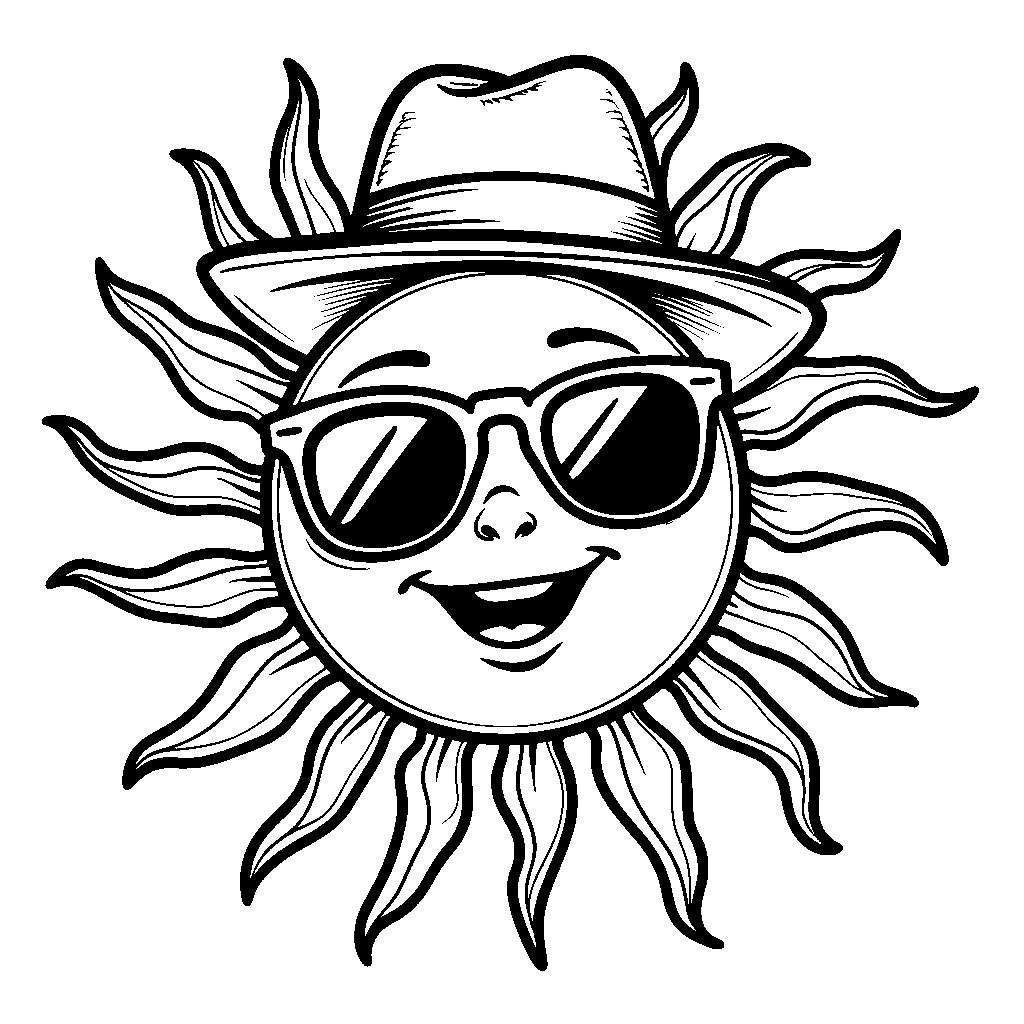 Smiling sun with sunglasses and a hat