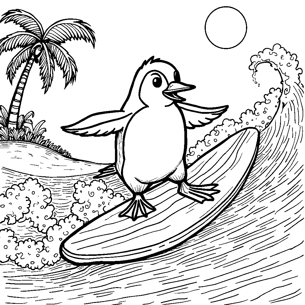 Surfing penguin riding a wave