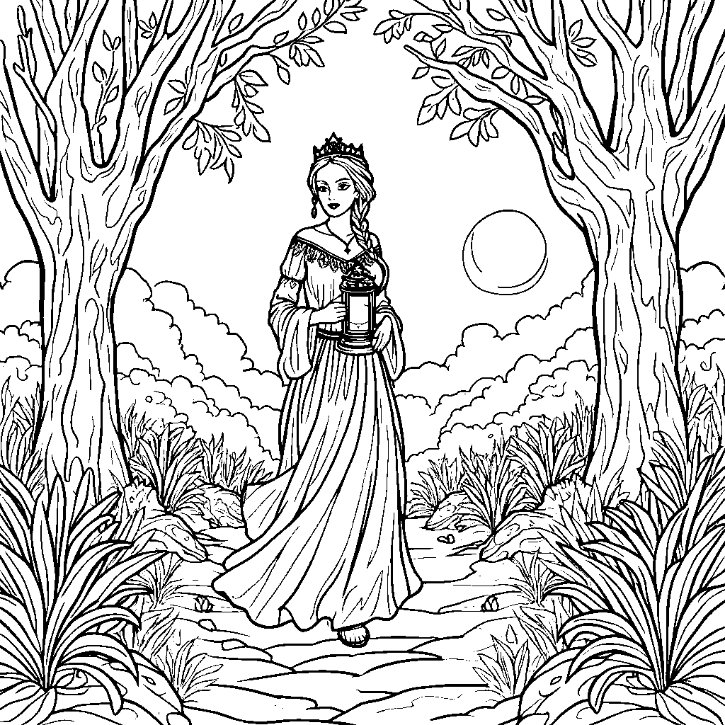 A queen holding a lantern and walking through a magical forest