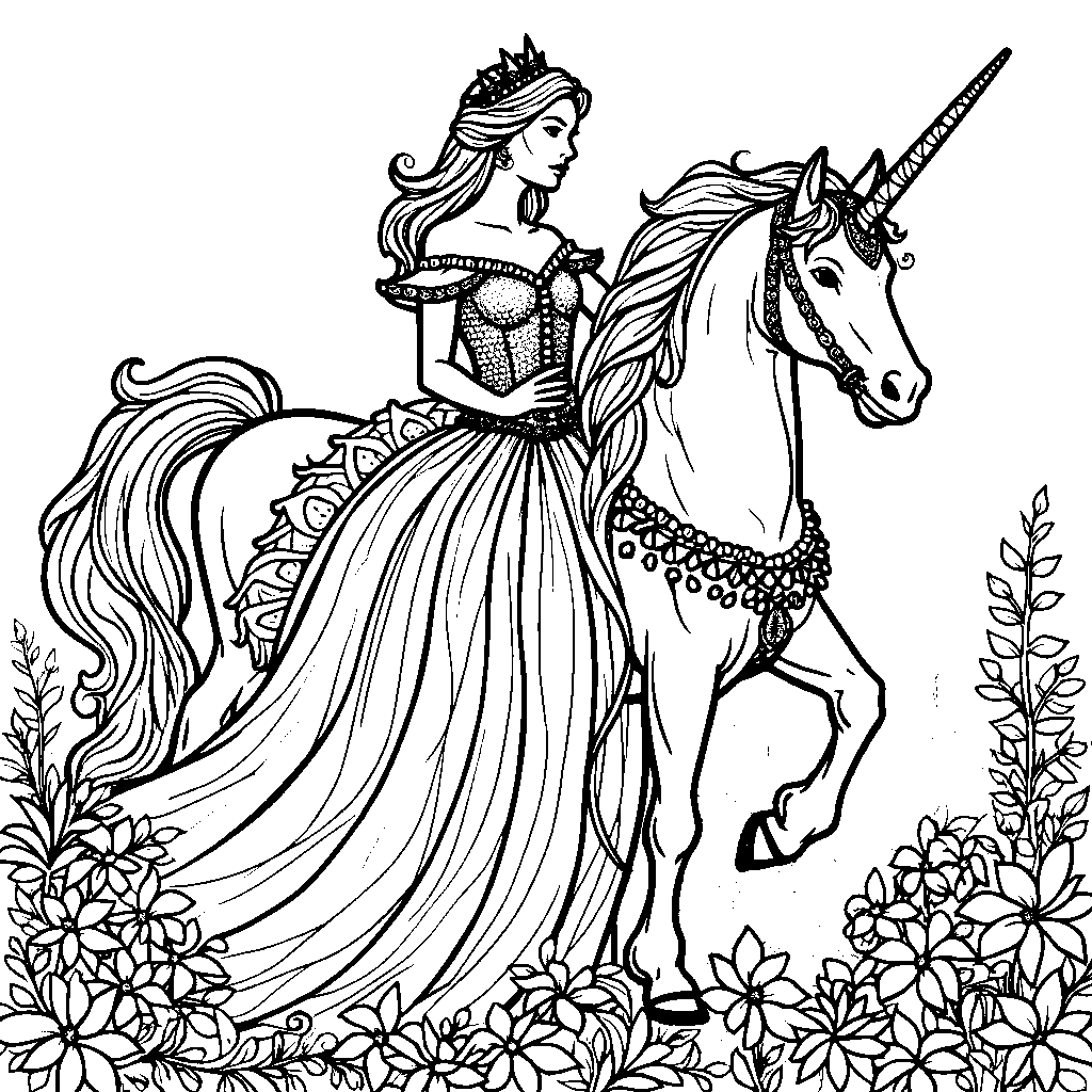 A queen in a beautiful gown riding a unicorn