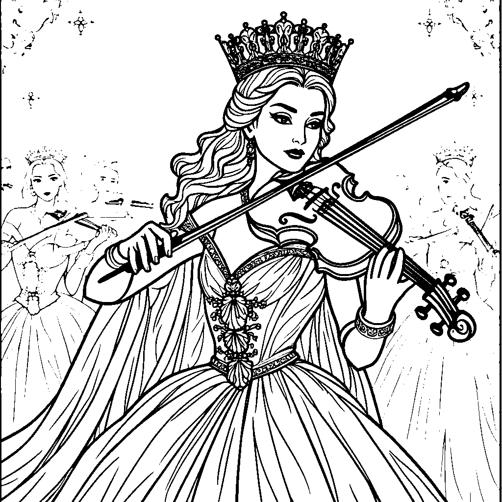 A queen playing a violin and conducting an orchestra