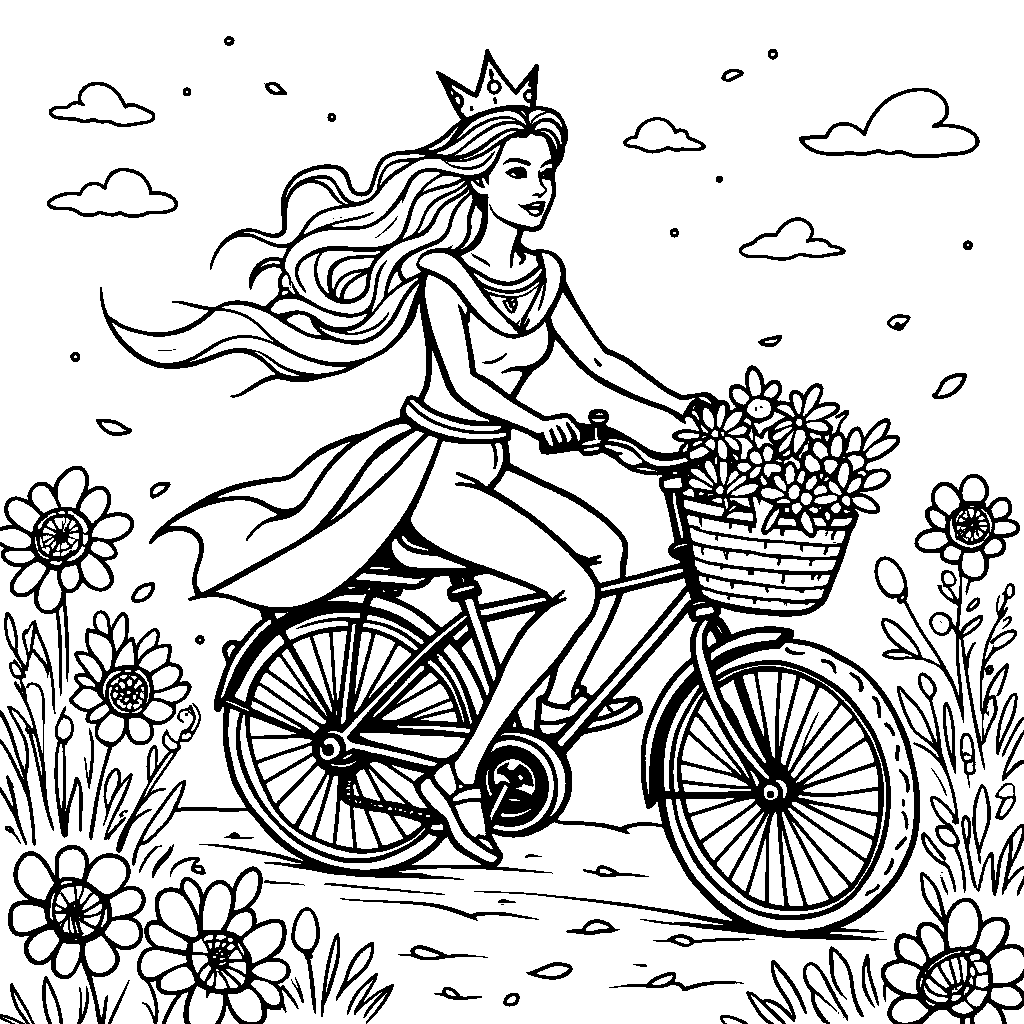 A queen riding a bicycle through a field of flowers