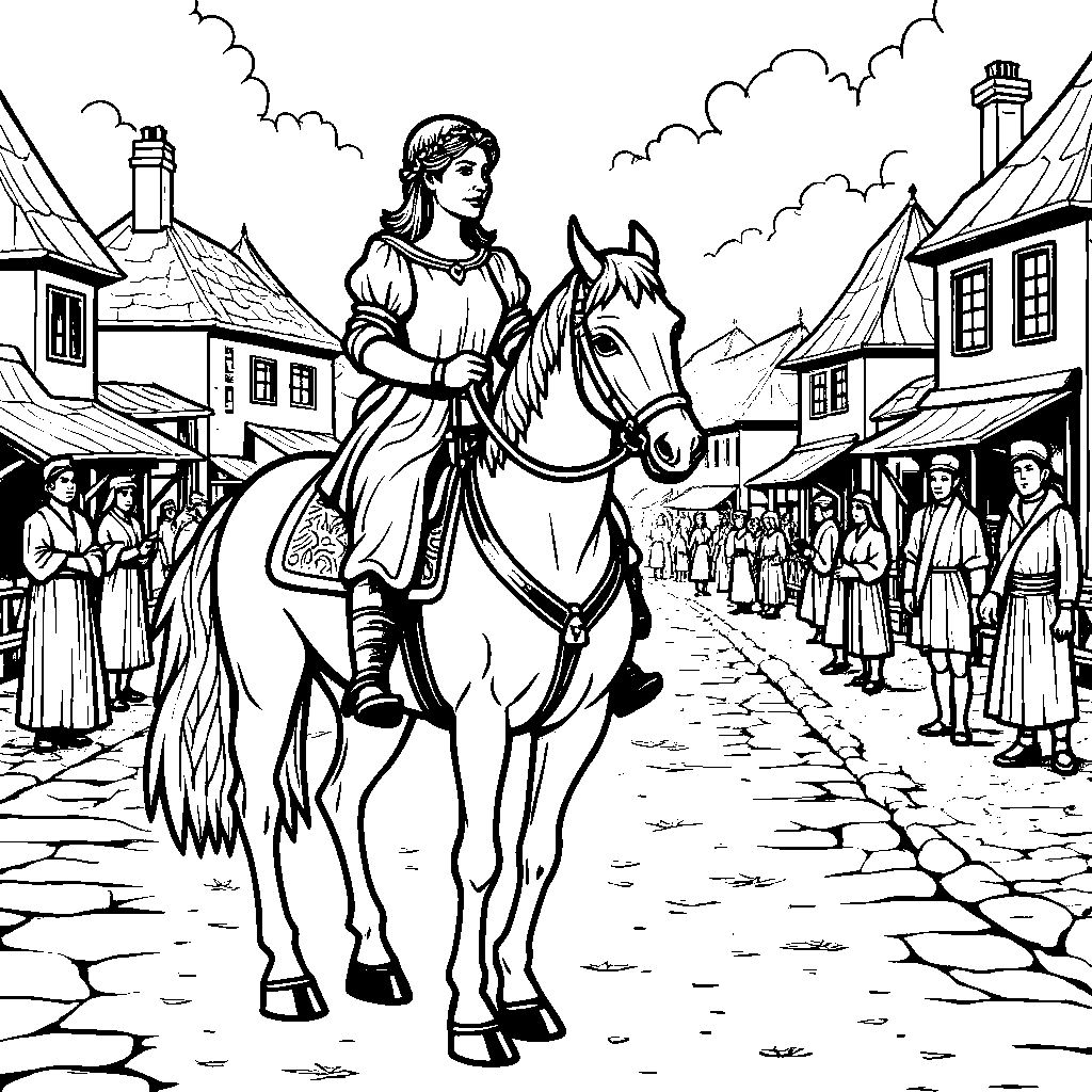 A queen riding a horse through a medieval town