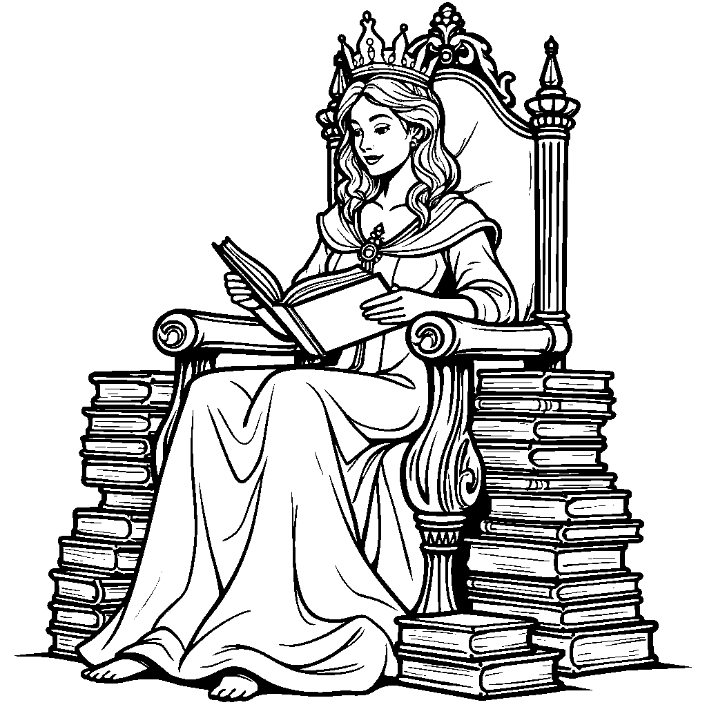 A queen sitting on a throne made of books and reading a story