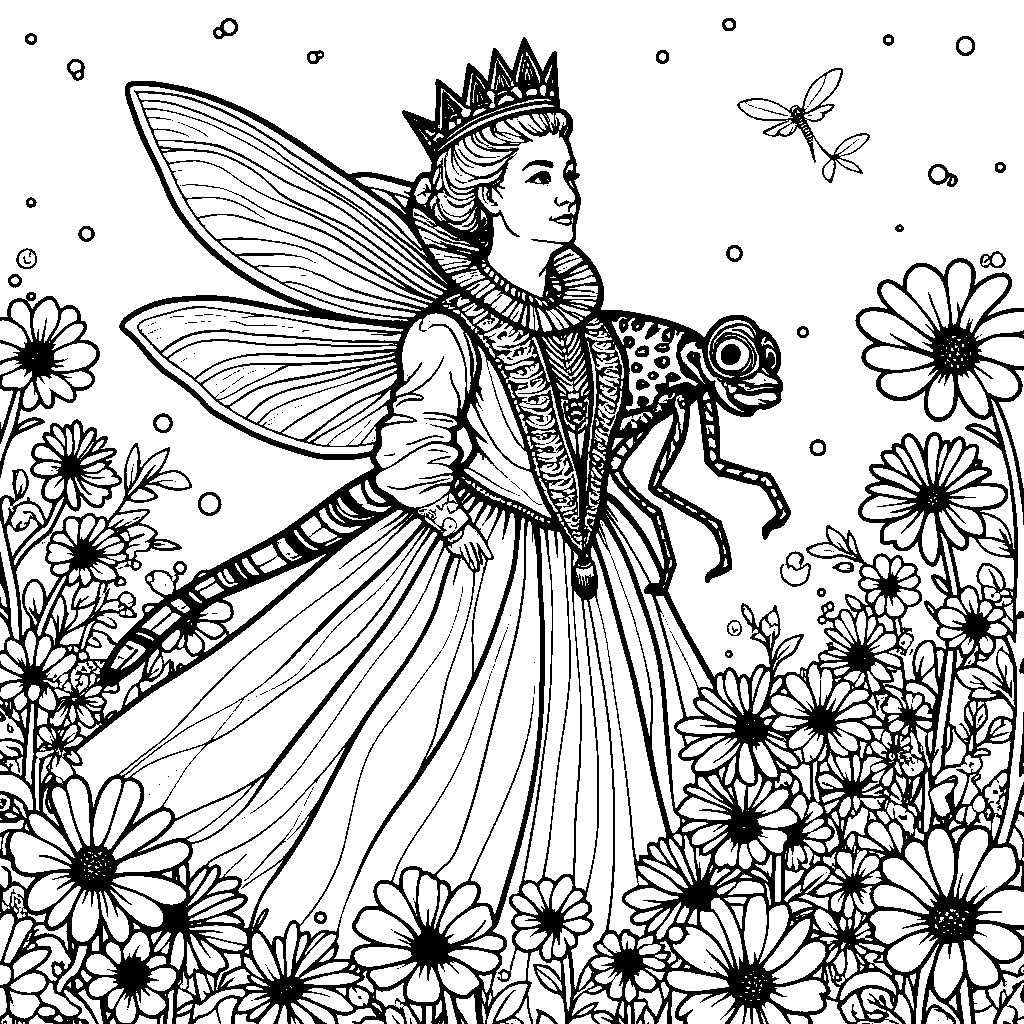 Queen Elizabeth I riding a dragonfly through a garden