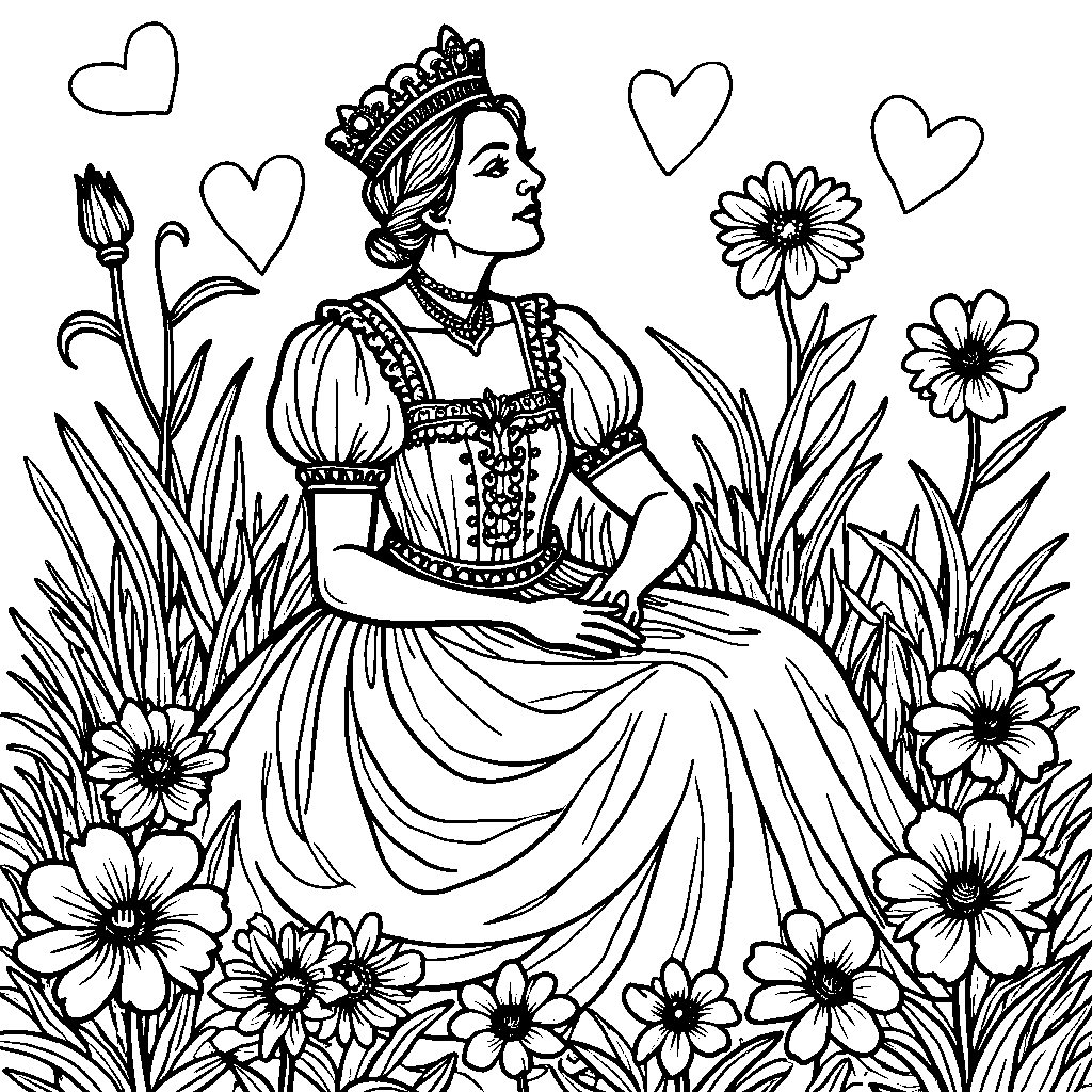 Queen of Hearts surrounded by playing cards and flowers