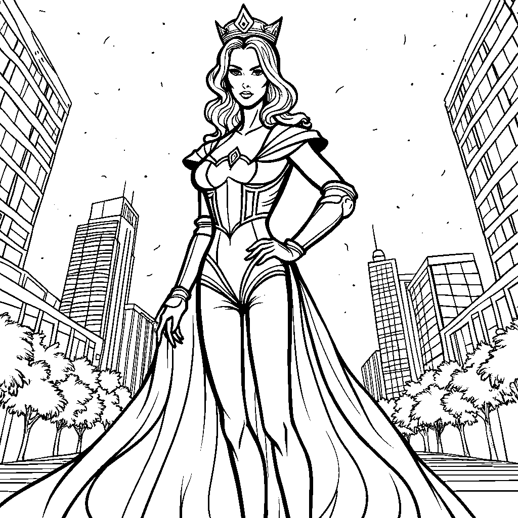 Queen of the City standing in front of a skyscraper