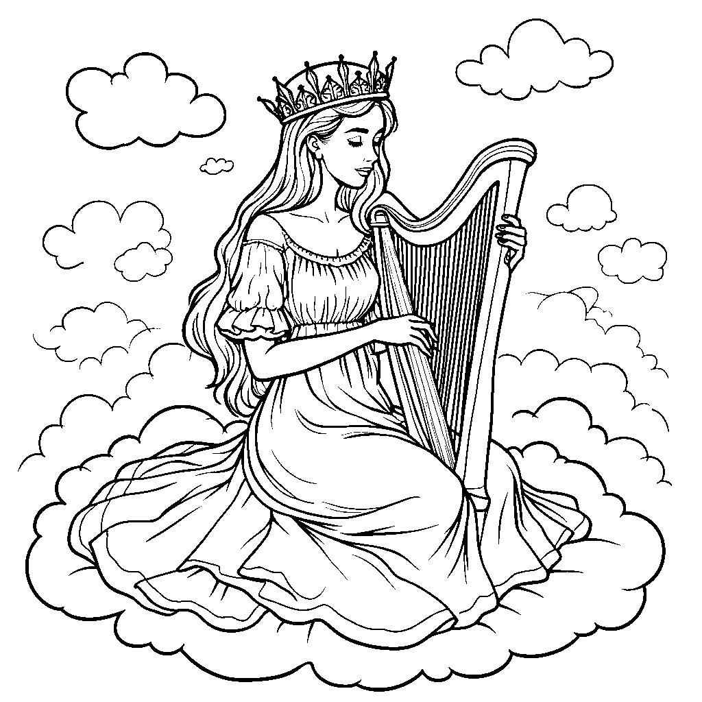 Queen of the Clouds floating on a cloud and playing a harp