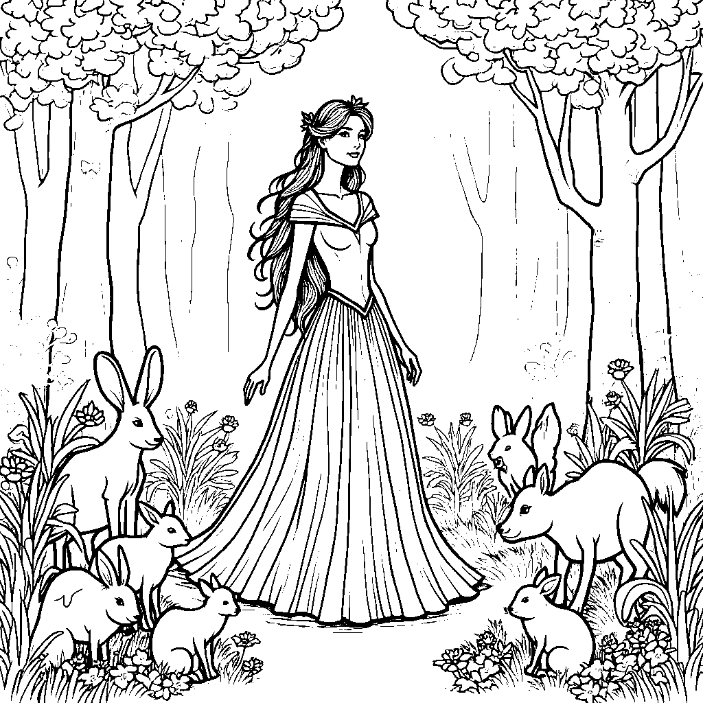 Queen of the Forest surrounded by animals and trees