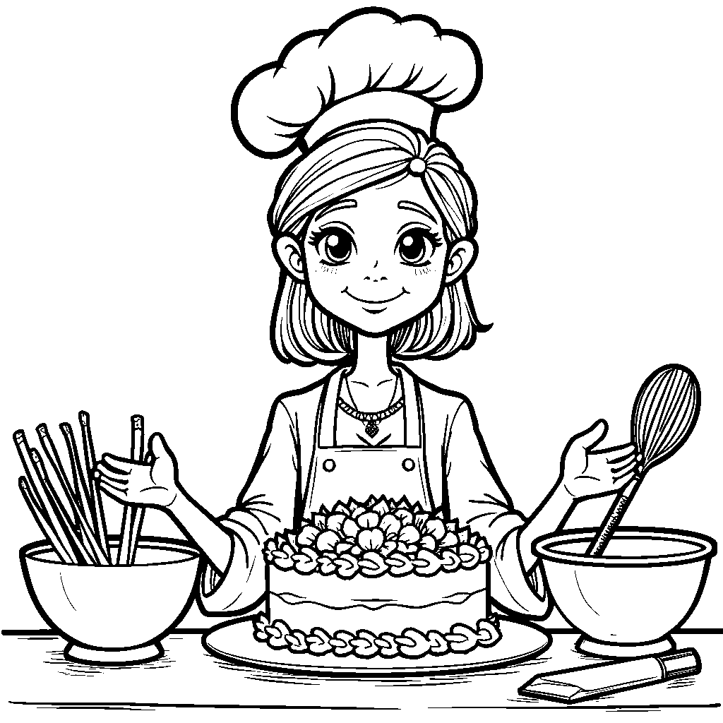 Queen of the Kitchen baking a cake and wearing a chef's hat