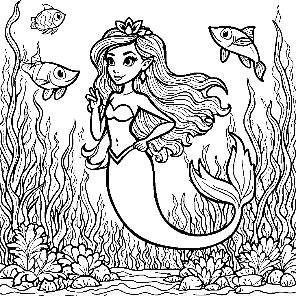 Queen of the Mermaids swimming with fish and seaweed