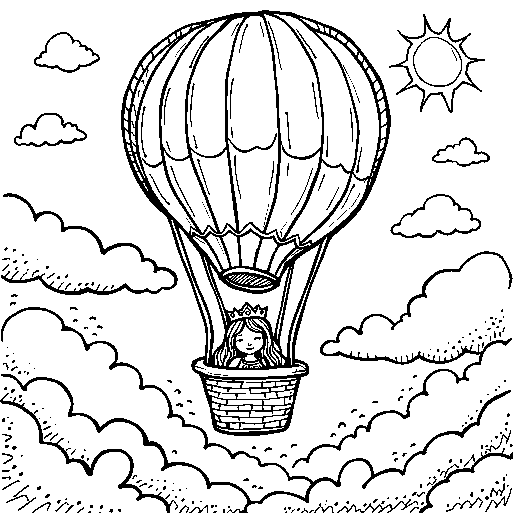 A queen riding a hot air balloon through the clouds