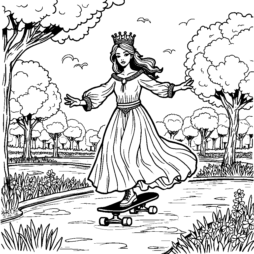 A queen riding a skateboard through a city park