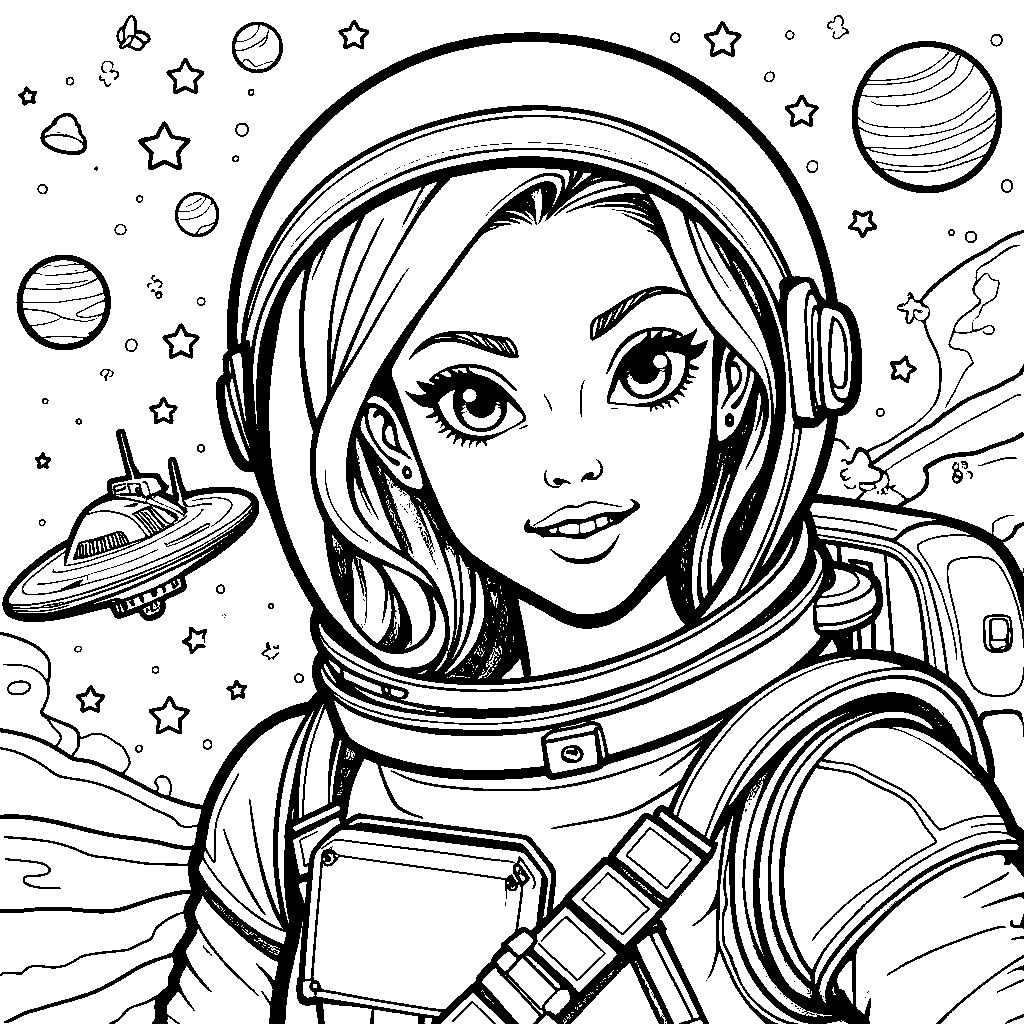 A queen wearing a astronaut helmet and flying through space