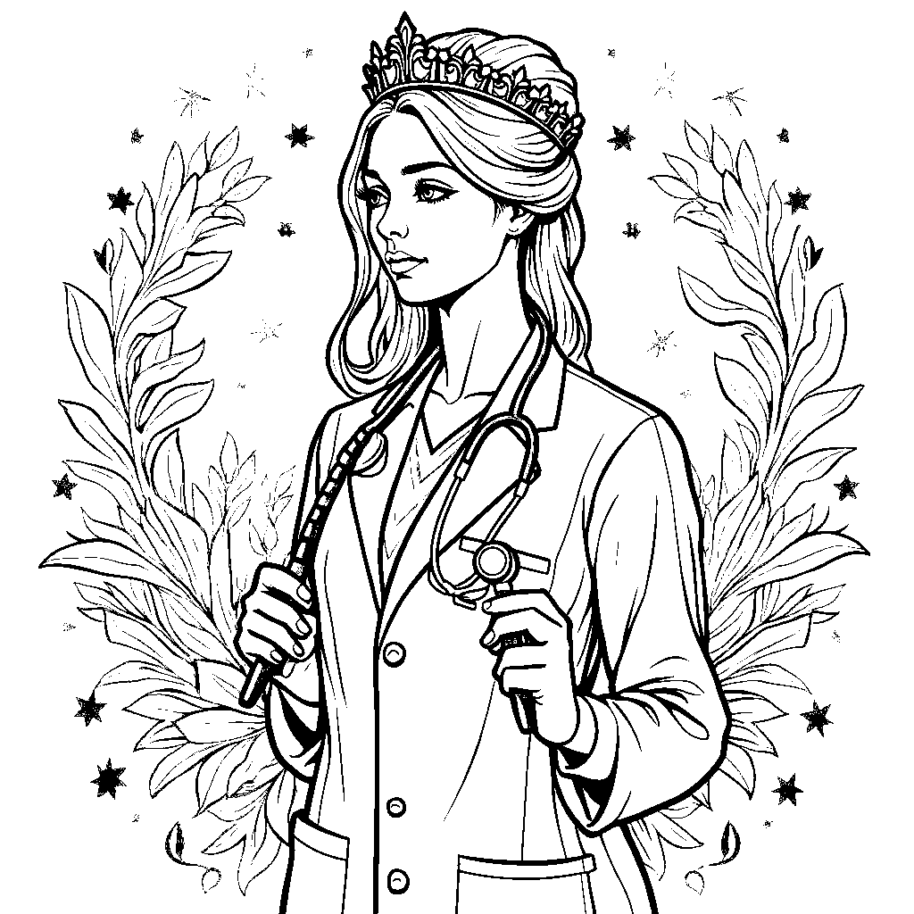 A queen wearing a doctor's coat and holding a stethoscope