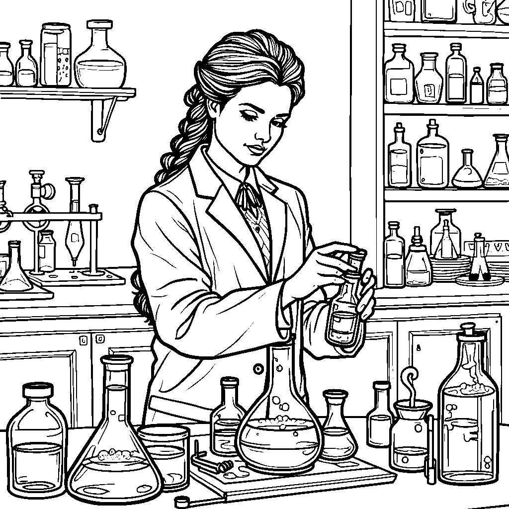 A queen wearing a scientist lab coat and mixing chemicals