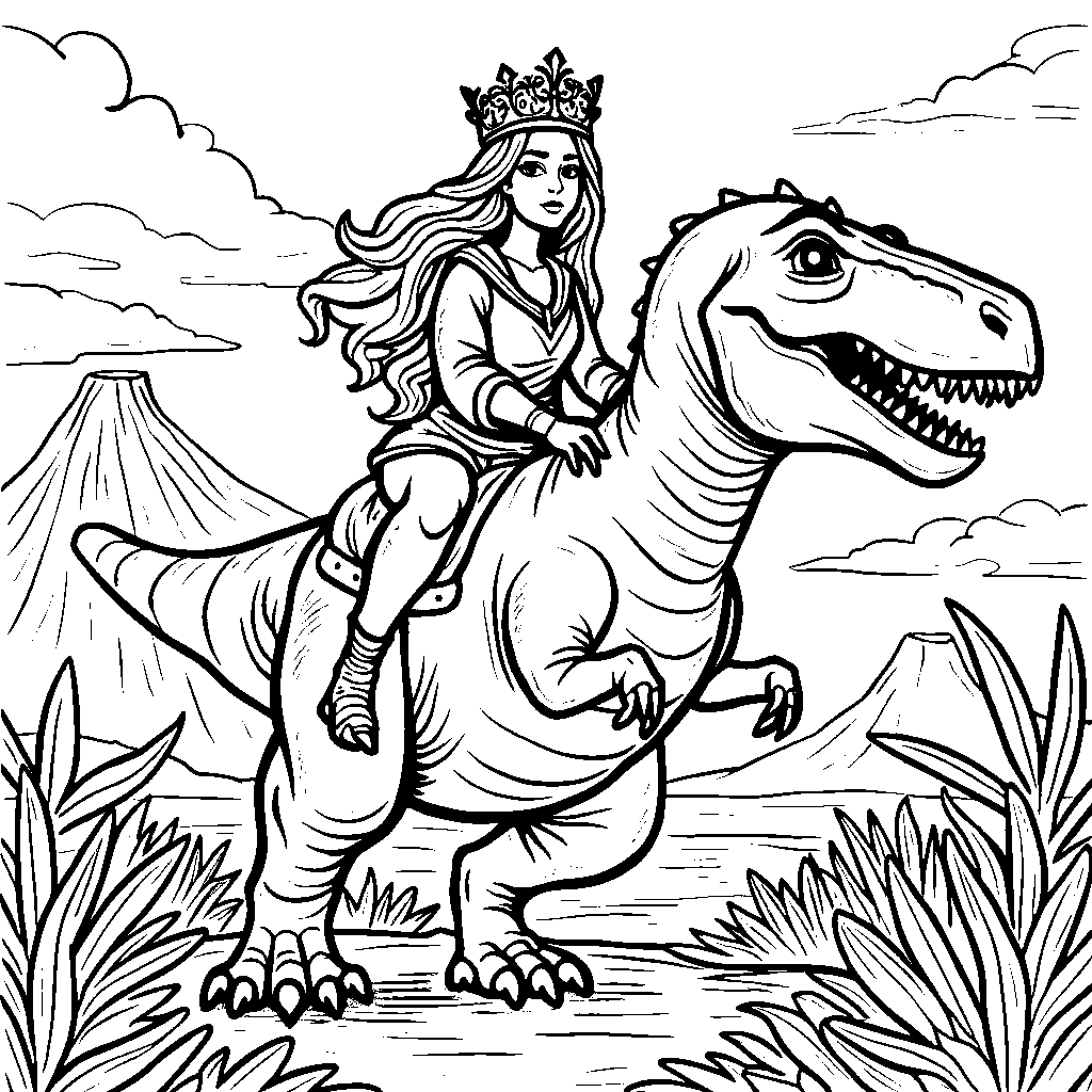 The Queen of the Dinosaurs riding a T-Rex