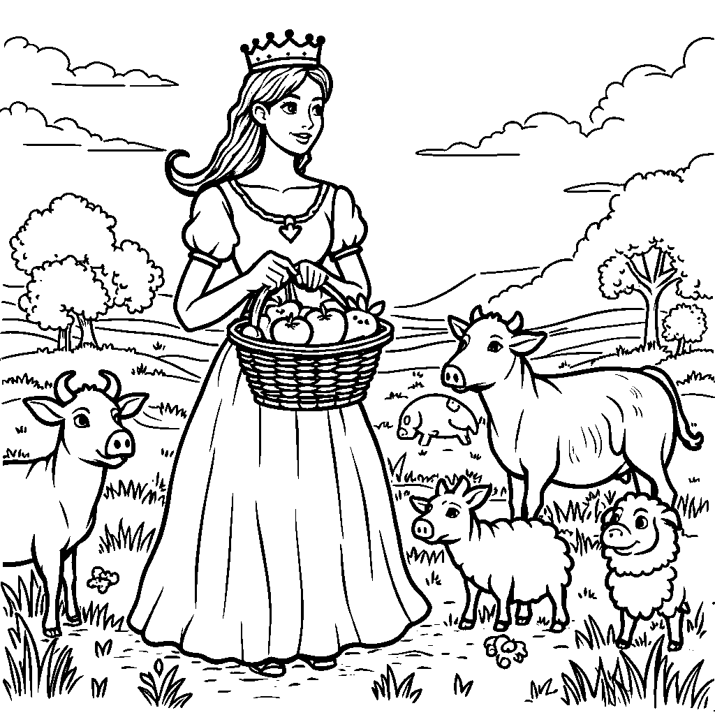 The Queen of the Farm feeding animals and holding a basket