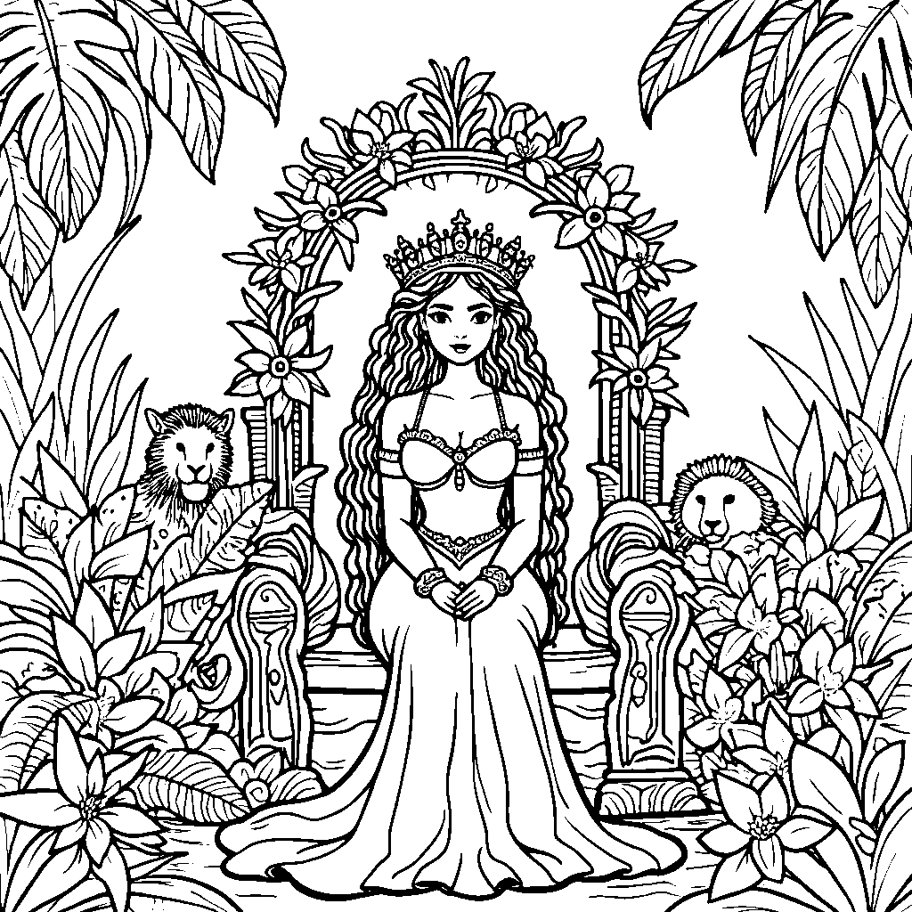 The Queen of the Jungle sitting on a throne made of vines