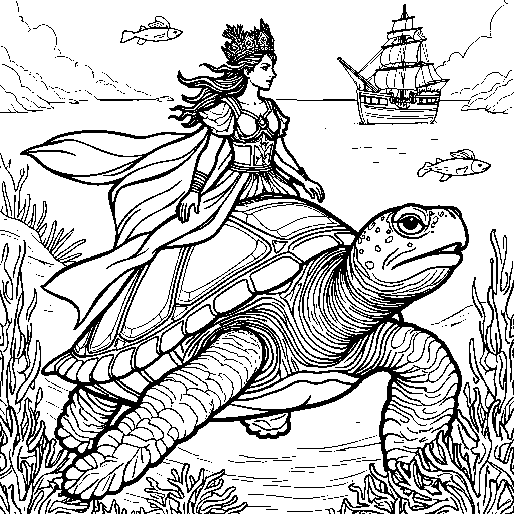 The Queen of the Ocean riding a sea turtle