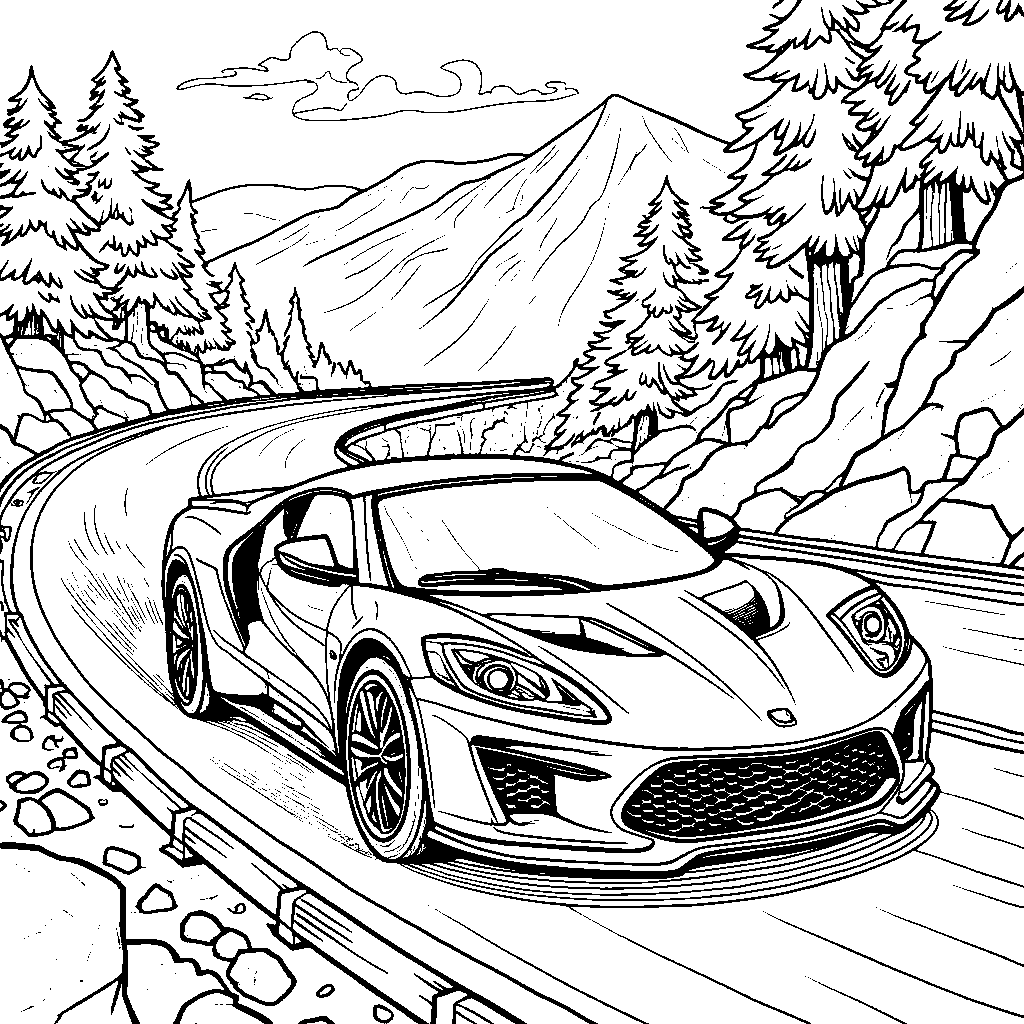 A car racing up a steep, winding mountain road