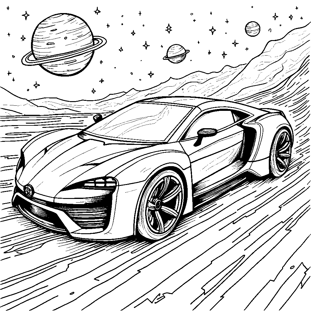 A car with a cool, metallic finish speeding through space