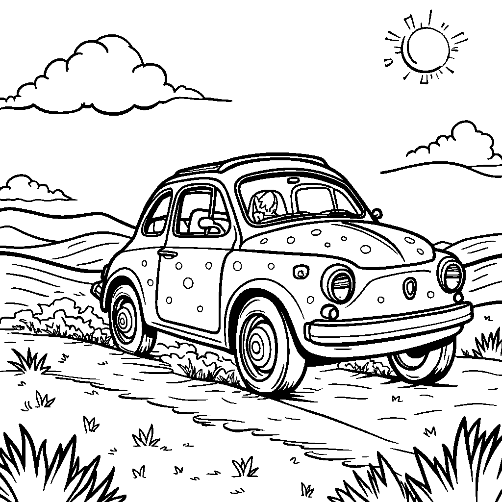 A car with a fun, polka-dot design racing through a field