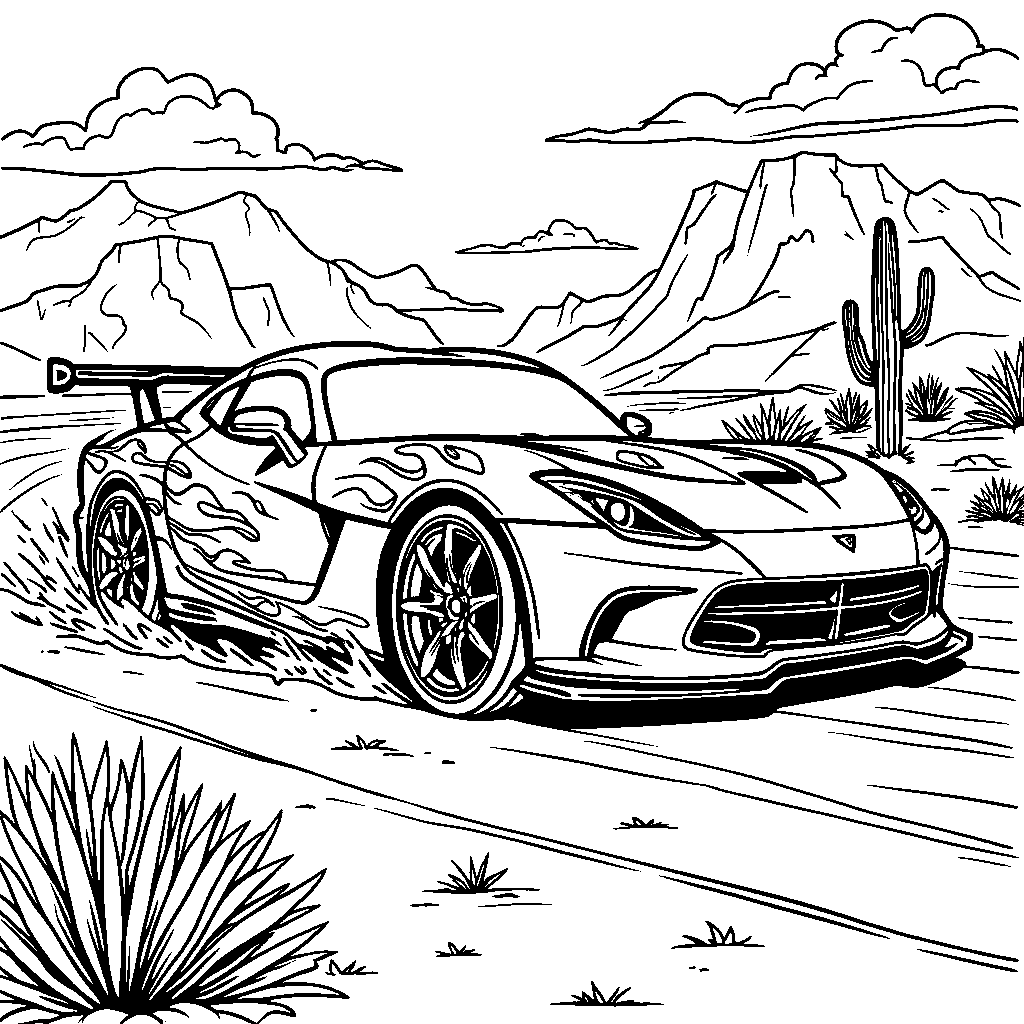 A car with flames painted on the side, racing through the desert