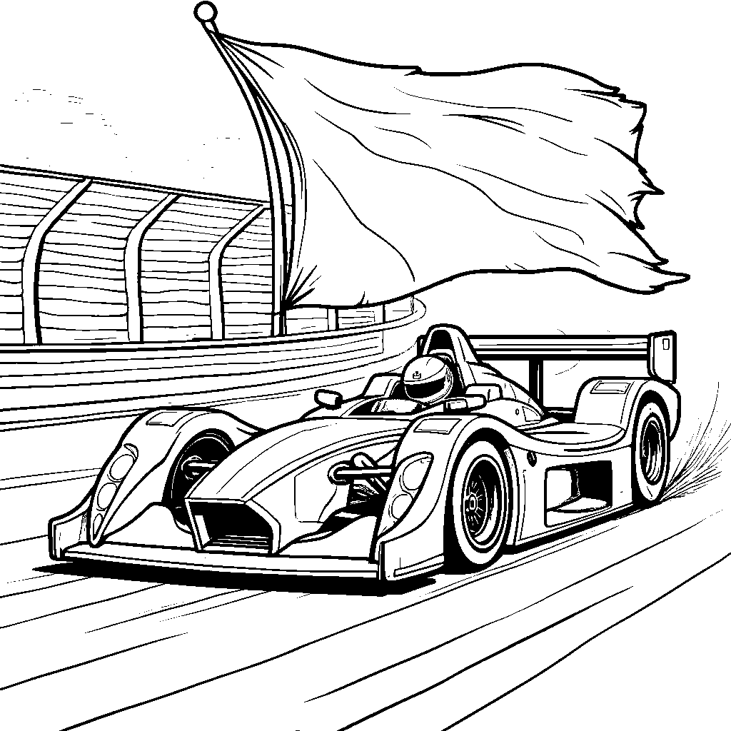 A racing car with a giant, flapping flag on the back